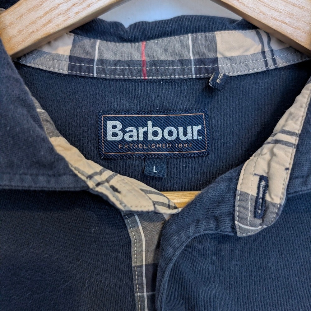 Barbour Mens Navy Blue Tartan Trim Cotton Polo Shirt Size L Made in Portugal